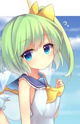 Rule 34 | 2girls, alternate costume, ascot, bare shoulders, blue eyes, blue hair, blue sky, bow, cirno, closed mouth, cloud, commentary request, daiyousei, day, fairy wings, flying sweatdrops, frilled shirt collar, frills, from side, green hair, hair between eyes, hair bow, hand up, head tilt, highres, ice, ice wings, looking at viewer, looking to the side, medium hair, multiple girls, out of frame, ruhika, school uniform, serafuku, side ponytail, sky, sleeveless, solo focus, touhou, upper body, wings