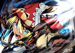 Rule 34 | 1girl, blonde hair, braid, brown shirt, commentary request, etrian odyssey, gauntlets, hair over shoulder, hat, highres, holding, holding sword, holding weapon, long hair, looking at viewer, nikki kyousuke, open mouth, pleated skirt, puffy short sleeves, puffy sleeves, red hat, red skirt, sekaiju no meikyuu, sekaiju no meikyuu 4, sharp teeth, shirt, short sleeves, signature, skirt, solo, sword, swordsman 4 (sekaiju 4), teeth, twin braids, weapon