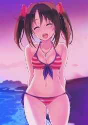 Rule 34 | 1girl, :d, arms behind back, bare shoulders, bikini, blue ribbon, blurry, blurry background, bow, breasts, brown hair, closed eyes, collarbone, commentary request, day, gluteal fold, hair between eyes, hair bow, hair ornament, idolmaster, imai kana, jewelry, looking at viewer, medium breasts, navel, necklace, open mouth, red bow, ribbon, shiroyukimajima, side-tie bikini bottom, smile, solo, striped bikini, striped clothes, swimsuit, teeth, twintails, upper teeth only, water