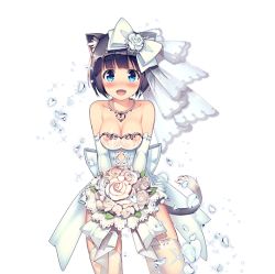 Rule 34 | animal ears, black hair, blue eyes, bouquet, breasts, bridal veil, cat ears, cat tail, cleavage, daibouken! yukeyuke osawari island, dress, elbow gloves, flower, gloves, hair ornament, hair ribbon, holding, ichigo (daibouken! yukeyuke osawari island), jewelry, looking at viewer, necklace, nipples, nontan, official art, ribbon, see-through, short hair, smile, solo, tail, thighhighs, transparent background, veil, wedding dress