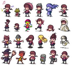 Rule 34 | 1girl, animal ears, bicycle, braid, broom, brown hair, cat ears, cat tail, demon girl, faceless, fat, frog, full body, ghost, hat, horns, lowres, madotsuki, pantyhose, pixel art, poop, severed head, tail, thefrybat, towel, traffic light, transparent background, twin braids, twintails, umbrella, witch, witch hat, yume nikki