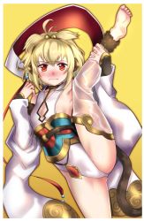 Rule 34 | 10s, 1girl, andira (granblue fantasy), animal ears, antenna hair, barefoot, blonde hair, blush, breasts, cleavage cutout, clothing cutout, detached sleeves, erune, feet, granblue fantasy, hagoromo, kantaka, leg hold, leg lift, leg up, monkey ears, monkey girl, monkey tail, nose blush, red eyes, shawl, simple background, small breasts, soles, solo, spread legs, standing, standing on one leg, tail, tears, toes, wavy mouth, wide sleeves, yellow background
