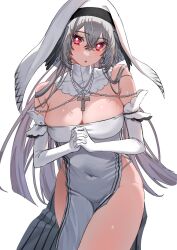Rule 34 | 1girl, :o, bare shoulders, blush, breasts, bright pupils, cleavage, commentary request, commission, covered navel, cross, cross necklace, diamond-shaped pupils, diamond (shape), dress, elbow gloves, gloves, grey hair, hair between eyes, highres, indie virtual youtuber, jewelry, large breasts, long hair, necklace, nun, own hands clasped, own hands together, pelvic curtain, red eyes, richamu, simple background, skeb commission, solo, strapless, strapless dress, symbol-shaped pupils, takeno omoti, veil, virtual youtuber, white background, white dress, white gloves, white pupils