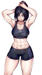 Rule 34 | 1girl, abs, absurdres, apex legends, armpits, arms up, black hair, blue eyes, breasts, commentary, cowboy shot, english commentary, hair tie, highres, large breasts, looking at viewer, muscular, muscular female, navel, nsfwolf, shorts, simple background, solo, sports bra, two-tone sports bra, white background, wraith (apex legends)