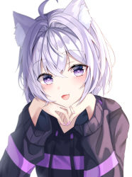 Rule 34 | 1girl, :d, absurdres, ahoge, animal ear fluff, animal ears, blush, cat ears, cat girl, commentary request, fang, fingernails, hair between eyes, hands up, head rest, highres, hololive, hood, hood down, long sleeves, looking at viewer, nail polish, nekomata okayu, nekomata okayu (1st costume), open mouth, purple eyes, smile, solo, tess (88884), upper body, virtual youtuber, white background