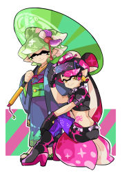 Rule 34 | + +, 2girls, adjusting eyewear, black footwear, black gloves, black hair, black shirt, black shorts, blue kimono, boots, brown eyes, callie (splatoon), closed mouth, collar, commentary request, cousins, crop top, earrings, eyewear on head, facing viewer, food, food on head, from side, gloves, gomipomi, green hair, grey hair, high heel boots, high heels, holding, holding umbrella, inkling, japanese clothes, jewelry, kimono, long hair, long sleeves, looking at viewer, marie (splatoon), midriff, mole, mole under eye, multicolored hair, multiple girls, nintendo, object on head, oil-paper umbrella, pantyhose, pink hair, pointy ears, print kimono, puffy short sleeves, puffy sleeves, purple legwear, sandals, shirt, short hair, short shorts, short sleeves, shorts, sitting, smile, spiked belt, spiked collar, spikes, splatoon (series), splatoon 2, standing, sunglasses, sushi, tattoo, tentacles, two-tone hair, umbrella, very long hair, wide sleeves