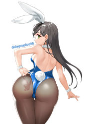 Rule 34 | 1girl, animal ears, ass, ass tattoo, bang dream!, bare arms, bare back, bare shoulders, black hair, black pantyhose, blue leotard, bodypaint, cowboy shot, detached collar, dopamine70, fake animal ears, from behind, green eyes, hanazono tae, highres, leaning forward, leotard, leotard tug, long hair, looking at viewer, looking back, painted clothes, pantyhose, playboy bunny, rabbit ears, rabbit tail, simple background, sleeveless, solo, standing, tail, twitter username, white background, wrist cuffs