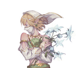 Rule 34 | 1boy, bare shoulders, blonde hair, blue eyes, covering own mouth, crossdressing, crossed arms, detached sleeves, earrings, flower, gerudo set (zelda), highres, hihisou (pan-kun), jewelry, link, looking to the side, male focus, mouth veil, nintendo, official alternate costume, pointy ears, silent princess, simple background, solo, standing, the legend of zelda, the legend of zelda: breath of the wild, trap, upper body, veil, white background