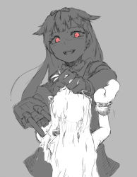 Rule 34 | 10s, 2girls, abyssal ship, bad id, bad pixiv id, cannon, colored skin, dress, false smile, greyscale, hair flaps, hair ornament, hair ribbon, hairclip, height difference, holding, holding own hair, holding weapon, horns, kantai collection, long hair, mittens, monochrome, multiple girls, nemubusoku, northern ocean princess, open mouth, pale skin, red eyes, remodel (kantai collection), ribbon, school uniform, serafuku, simple background, sleeveless, smile, weapon, white hair, white skin, yuudachi (kancolle)