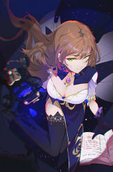 Rule 34 | 1girl, absurdres, black footwear, book, breasts, brown hair, capelet, chromatic aberration, cleavage, closed mouth, commentary request, downblouse, dress, earrings, from above, genshin impact, glance, gloves, green eyes, heitian keji, high heels, highres, jewelry, lace, lace-trimmed legwear, lace trim, lantern, large breasts, light particles, light smile, lisa (genshin impact), long hair, looking at viewer, low neckline, multicolored clothes, multicolored dress, necklace, no headwear, no headwear, open book, pelvic curtain, pendant, purple capelet, purple gloves, purple thighhighs, short sleeves, sitting, solo, stud earrings, thighhighs, vision (genshin impact), wind, yokozuwari