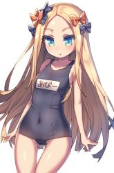 Rule 34 | 1girl, :o, abigail williams (fate), bare arms, bare shoulders, black bow, blonde hair, blue eyes, blush, bow, breasts, collarbone, commentary request, covered navel, dutch angle, fate/grand order, fate (series), forehead, gluteal fold, hair bow, long hair, looking at viewer, name tag, old school swimsuit, one-piece swimsuit, orange bow, parted bangs, parted lips, polka dot, polka dot bow, school swimsuit, simple background, small breasts, solo, swimsuit, very long hair, wagashi928, white background