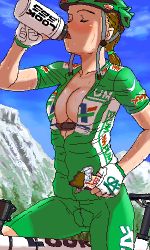 Rule 34 | 1girl, bicycle, bike shorts, blue sky, blush, bodysuit, breasts, cleavage, closed eyes, cloud, collarbone, cyclist, day, drinking, eyebrows, female focus, fingerless gloves, gloves, helmet, large breasts, long hair, lowres, mu-pyon, oekaki, open clothes, outdoors, plant, ponytail, short sleeves, shorts, sky, solo, sweat, unzipped
