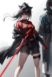 Rule 34 | 1girl, 1other, absurdres, animal ears, arknights, black hair, black shorts, blush, closed mouth, collared shirt, crossed bangs, doctor (arknights), feet out of frame, gloves, highres, holding, holding sword, holding weapon, long hair, long sleeves, multicolored hair, official alternate costume, ponytail, pouch, red eyes, red gloves, red hair, red shirt, shirt, shirt tucked in, shokuyou koori, shorts, solo focus, standing, streaked hair, sword, tail, texas (arknights), texas (willpower) (arknights), thigh pouch, thigh strap, weapon, wolf ears, wolf girl, wolf tail