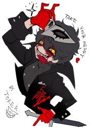 Rule 34 | 1boy, absurdres, amamiya ren, black coat, black hair, blood, blood on face, btmr game, calling card, coat, copyright name, dagger, gloves, highres, holding, holding weapon, knife, long sleeves, male focus, mask, mask on head, mouth hold, persona, persona 5, persona 5 the royal, red gloves, sharp teeth, signature, simple background, solo, sparkle, teeth, upper body, weapon, white background, yellow eyes