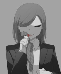 Rule 34 | 1girl, absurdres, avogado6, closed eyes, commentary, english commentary, formal, grey background, grey hair, greyscale, grin, hair over one eye, highres, lipstick mark, long hair, monochrome, necktie, original, red lips, smile, solo, striped necktie, suit, upper body