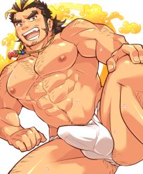 Rule 34 | 1boy, abs, aopanda, bara, bare pectorals, black hair, blonde hair, blush, body hair, bulge, chest hair, erection, erection under clothes, facial hair, fang, feet out of frame, fundoshi, hairy, halo, halo behind head, japanese clothes, large pectorals, long sideburns, looking at viewer, male focus, male underwear, manly, multicolored hair, muscular, navel, navel hair, nipples, pectorals, short hair, sideburns, solo, streaked hair, stubble, thick eyebrows, thick thighs, thighs, tokyo houkago summoners, two-tone hair, underwear, very short hair, wet, white male underwear, yamasachihiko (housamo)