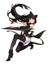 Rule 34 | 1girl, absurdres, black bow, black footwear, black scarf, black thighhighs, blake belladonna, blue eyeshadow, bow, commentary, dual wielding, english commentary, eyeshadow, floating hair, hair bow, high heels, highres, holding, holding knife, kaneblob, knife, long hair, makeup, navel, official art, rwby, scarf, shirt, solo, thighhighs, white background, white shirt, yellow eyes