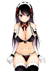 Rule 34 | 1girl, attsun (atsushi jb), bare shoulders, belly, black hair, black panties, black thighhighs, bow, bow panties, breasts, cleavage, detached collar, elbow gloves, front-tie top, gloves, groin, hair ribbon, large breasts, long hair, maid headdress, navel, original, panties, red eyes, ribbon, simple background, smile, solo, thigh gap, thighhighs, thighs, underwear, white gloves