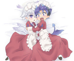 Rule 34 | 2boys, alternate costume, angel, angel and devil, angel wings, apron, blue hair, blush, crossdressing, demon boy, demon tail, demon wings, enmaided, fang, full body, halo, horns, inuzumi, looking at viewer, low wings, luke venus, maid, maid apron, maid headdress, male focus, mini wings, multiple boys, on bed, open mouth, pointy ears, pop-up story, purple eyes, silver hair, simple background, tail, waist apron, white background, wings, ziz glover
