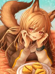 Rule 34 | 1girl, 3 (sanyako1), animal ear fluff, animal ears, arknights, brown hair, ceobe (arknights), dog ears, dog girl, dog tail, fangs, food, hair between eyes, highres, long hair, long sleeves, looking at viewer, lying, on stomach, open mouth, plate, red eyes, skin fangs, smile, solo, tail