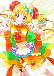 Rule 34 | 1girl, ankle bow, ankle ribbon, apron, back bow, birthday, blonde hair, bow, bowl, brooch, bun cover, cure yum-yum, delicious party precure, dragon, dress, gloves, hair bun, hanamichi ran, happy birthday, heart, heart brooch, highres, huge bow, jewelry, long hair, looking at viewer, magical girl, medium dress, mem-mem (precure), moro precure, orange dress, orange footwear, precure, red eyes, ribbon, shorts under dress, smile, triple bun, white background, white gloves, white stripes