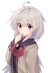 Rule 34 | 1girl, ahoge, blush, bow, bowtie, dress, finger to mouth, jacket, kishin sagume, long sleeves, looking at viewer, red eyes, short hair, silver hair, simple background, single wing, solo, touhou, upper body, waira, white background, wings