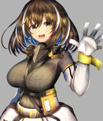 Rule 34 | 1girl, arknights, bad id, bad pixiv id, between breasts, bird mask, blush, breasts, brown hair, brown sweater, clothes around waist, commentary, cowboy shot, earrings, gas mask, gloves, grey background, hair between eyes, highres, jacket, jacket around waist, jewelry, large breasts, looking at viewer, magallan (arknights), magallan (elite ii) (arknights), mask, mask around neck, medium hair, multicolored hair, nidaime (doronbo), open mouth, ribbed sweater, simple background, single earring, smile, solo, strap, strap between breasts, streaked hair, sweater, turtleneck, turtleneck sweater, two-tone hair, waving, white gloves, white hair, yellow eyes