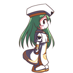 Rule 34 | 00s, 1girl, alice carroll, aria (manga), beret, blouse, blue eyes, chibi, dress, fictional sister, from side, full body, gauntlets, green hair, hat, long hair, looking at viewer, profile, shirt, shoes, solo, uniform, white dress, white shirt