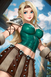 1girl armor astrid_hofferson blonde_hair blue_eyes breasts bustier day freckles highres how_to_train_your_dragon:_the_hidden_world how_to_train_your_dragon_(series) how_to_train_your_dragon_1 large_breasts lips long_hair looking_at_viewer midriff navel neoartcore patreon_username shoulder_armor skirt smile solo spiked_skirt