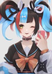 Rule 34 | 1girl, belt collar, black hair, black nails, black shirt, blue hair, blunt bangs, bow, breasts, cellphone, collar, commentary request, fate/grand order, fate (series), fingernails, grey background, hair ornament, hairpin, highres, hisame snow, holding, holding phone, jacket, jacket partially removed, long sleeves, looking at viewer, medium breasts, multicolored hair, nail polish, neckerchief, one eye closed, open clothes, open jacket, open mouth, phone, red bow, red hair, red neckerchief, sei shounagon (fate), shirt, short sleeves, simple background, smartphone, smile, solo, twintails, upper body, white jacket, yellow eyes
