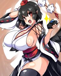 Rule 34 | 1girl, black hair, breasts, camera, highres, holding, holding camera, huge breasts, japanese clothes, norori, red eyes, shameimaru aya, short hair, solo, touhou