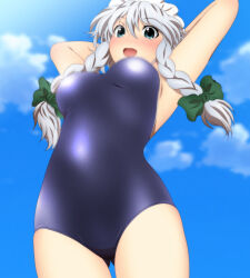 Rule 34 | 1girl, arms behind head, arms up, blue eyes, blue one-piece swimsuit, blue sky, blush, bow, braid, braided sidelock, breasts, cloud, commentary request, cowboy shot, day, green bow, grey hair, hair bow, izayoi sakuya, long hair, looking at viewer, maid headdress, medium breasts, one-piece swimsuit, open mouth, outdoors, partial commentary, school swimsuit, sky, smile, solo, standing, swimsuit, touhou, twin braids, yadokari genpachirou