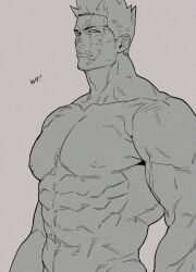 Rule 34 | 1boy, abs, bara, boku no hero academia, completely nude, endeavor (boku no hero academia), facial hair, frown, greyscale, large pectorals, looking at viewer, male focus, mature male, monochrome, muscular, muscular male, mustache stubble, nipples, nude, out-of-frame censoring, pectorals, scar, scar across eye, short hair, sideburns stubble, solo, spiked hair, stubble, thick eyebrows, unfinished, yan (bltyann)
