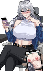 Rule 34 | 1boy, 1girl, age difference, black panties, black pants, breasts, cellphone, cleavage, clothes lift, crop top, grey eyes, grey hair, hella p, highres, huge breasts, panties, pants, phone, shirt, shirt lift, smartphone, smile, underwear, white shirt