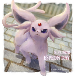 Rule 34 | animal ear fluff, artist name, body fur, brick floor, character name, closed mouth, commentary request, creatures (company), dated, espeon, fence, forehead jewel, forked tail, game freak, gen 2 pokemon, lens flare, momomo12, nintendo, no humans, pokemon, pokemon (creature), purple eyes, solo, standing, tail