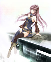 Rule 34 | 1girl, aqua eyes, arm support, bad id, bad pixiv id, black thighhighs, boots, cross-laced footwear, female focus, hairband, highres, kisuiaki, lace-up boots, long hair, looking at viewer, megurine luka, open mouth, purple hair, simple background, sitting, solo, thighhighs, vocaloid, white background, yellow footwear, zettai ryouiki