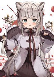 Rule 34 | 1girl, animal ear fluff, animal ears, bell, bow, chinese zodiac, coat, dress, frilled sleeves, frills, fur collar, goma (u p), grey hair, highres, long hair, long sleeves, looking at viewer, multicolored hair, new year, original, paw pose, sleeves past fingers, sleeves past wrists, smile, streaked hair, striped tail, tail, tail bell, tail bow, tail ornament, year of the tiger