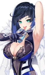Rule 34 | 1girl, absurdres, arm behind head, armpits, blue hair, blush, breasts, cleavage, crossed bangs, elbow gloves, genshin impact, gloves, green eyes, highres, hyouuma, large breasts, licking, licking finger, looking at viewer, presenting armpit, single elbow glove, sleeveless, solo, tongue, tongue out, upper body, yelan (genshin impact)