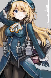 Rule 34 | 10s, 1girl, ;), arm up, atago (kancolle), bad id, bad pixiv id, black pantyhose, blonde hair, blue eyes, blue hat, blush, breasts, gloves, hat, ika, kantai collection, large breasts, long hair, looking at viewer, military, military uniform, one eye closed, pantyhose, personification, salute, smile, solo, uniform, wink