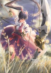 Rule 34 | 10s, 1girl, archery, arrow (projectile), asano kyouji, boots, bow (weapon), cloud, flower, full body, gloves, grass, hair flower, hair ornament, hakama, hakama skirt, highres, holding, holding weapon, japanese clothes, koutetsujou no kabaneri, kyuudou, long hair, outdoors, partially fingerless gloves, partly fingerless gloves, ponytail, purple eyes, purple hair, sash, single glove, skirt, sky, solo, standing, weapon, yomogawa ayame, yugake