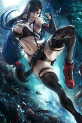 Rule 34 | 1girl, abs, artist name, black bra, black hair, black panties, black skirt, boots, bra, breasts, brown eyes, brown hair, cleavage, clenched hands, cross-laced footwear, curvy, earrings, elbow gloves, final fantasy, final fantasy vii, final fantasy vii remake, fingerless gloves, floating hair, gloves, jewelry, jumping, lace-up boots, large breasts, long hair, low-tied long hair, midriff, miniskirt, navel, panties, patreon username, red eyes, red footwear, sakimichan, signature, skindentation, skirt, smile, solo, suspender skirt, suspenders, tank top, thick thighs, thigh strap, thighhighs, thighs, tifa lockhart, toned, underwear, watermark, web address, wide hips, wind, wind lift, zipper