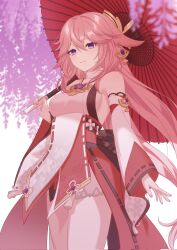 Rule 34 | 1girl, amulet, animal ears, armpit crease, bare legs, bare shoulders, breasts, cherry blossoms, closed mouth, commentary request, corrupted twitter file, cowboy shot, crossed bangs, day, detached sleeves, earrings, floppy ears, fox, fox ears, genshin impact, hair between eyes, hakama, highres, holding, holding umbrella, japanese clothes, jewelry, legs together, long hair, looking at viewer, low-tied long hair, medium breasts, nail polish, nontraditional miko, obi, oil-paper umbrella, outdoors, pink fur, pink hair, pink nails, pochimaru (marumaru wanwan), purple eyes, red skirt, sash, shirt, sideboob, sidelocks, skirt, sleeveless, sleeveless shirt, tassel, tree, umbrella, white shirt, white sleeves, wide sleeves, yae miko