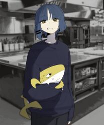 Rule 34 | &lt;o&gt; &lt;o&gt;, 1girl, absurdres, black sweater, blue hair, blunt bangs, bocchi the rock!, commentary, english commentary, grin, hair ornament, hairclip, highres, holding, holding stuffed toy, kitchen, machuuu68, nervous sweating, photo background, sleeves past wrists, smile, solo, stuffed animal, stuffed shark, stuffed toy, sweat, sweater, upper body, yamada ryo, yellow eyes