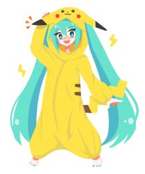 Rule 34 | 1girl, aqua eyes, aqua hair, aqua nails, barefoot, blush, buttons, commentary, cosplay, creatures (company), flat color, game freak, gen 1 pokemon, hatsune miku, highres, lightning bolt symbol, long hair, looking at viewer, misoni (mi-soni), nintendo, open mouth, pikachu, pikachu (cosplay), pikachu costume, pikachu ears, pikachu tail, pokemon, pokemon ears, pokemon tail, simple background, smile, solo, standing, tail, twintails, very long hair, vocaloid, white background