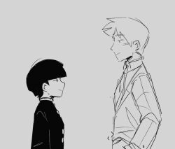 Rule 34 | 2boys, animated, animated gif, blunt bangs, closed eyes, commentary, english commentary, formal, from side, gakuran, grey background, greyscale, hug, kageyama shigeo, long sleeves, looking at another, male focus, mob psycho 100, monochrome, mp100days, multiple boys, open mouth, reigen arataka, school uniform, short hair, simple background, smile, suit, upper body