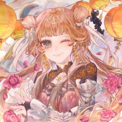 Rule 34 | 1girl, anafei, black gloves, bow, bridal gauntlets, brown hair, closed mouth, commentary, detached sleeves, double bun, earrings, english commentary, flower, gloves, grey bow, grey eyes, hair bun, hair ribbon, highres, jewelry, lantern, long hair, long sleeves, looking at viewer, mole, mole under eye, one eye closed, original, own hands together, paper lantern, petals, pink flower, pink shirt, ribbon, shirt, shrug (clothing), sleeves past wrists, smile, solo, upper body, very long hair, white ribbon, white sleeves