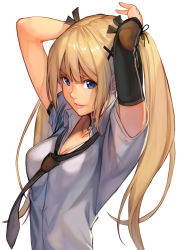 Rule 34 | 1girl, arms up, black necktie, blonde hair, blue eyes, breasts, dead or alive, hair ornament, hair ribbon, hinoru saikusa, long hair, looking at viewer, loose necktie, marie rose, necktie, official alternate costume, ribbon, shirt, simple background, small breasts, smile, solo, twintails, white background, white shirt, x hair ornament