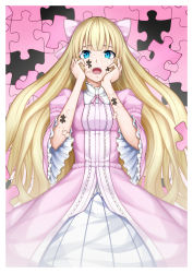 Rule 34 | 1girl, bad id, bad pixiv id, blonde hair, blue eyes, blunt bangs, bow, d:, dissolving, dress, hair bow, hands on own cheeks, hands on own face, heisei yutorin, highres, long hair, looking at viewer, open mouth, original, pink background, pink dress, puzzle piece, solo, tears, very long hair