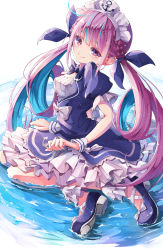 Rule 34 | 1girl, absurdres, ahoge, anchor symbol, ankle cuffs, aqua hair, aqua nails, bare legs, blue dress, blue footwear, braid, breasts, closed mouth, colored inner hair, commentary, dress, drill hair, eyelashes, french braid, frilled dress, frills, hair ribbon, highres, hololive, long hair, looking at viewer, maid headdress, medium breasts, minato aqua, minato aqua (1st costume), multicolored hair, nail polish, ninniku mashimashi, partially submerged, puffy short sleeves, puffy sleeves, purple eyes, purple hair, ribbon, shoes, short sleeves, simple background, sitting, smile, solo, streaked hair, twin drills, twintails, two-tone hair, virtual youtuber, water, white background, wrist cuffs