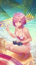 Rule 34 | 1girl, :d, adapted costume, ahoge, animal, animal on lap, beach, bikini, bikini skirt, bow, bow bikini, breasts, cat, cat on lap, caustics, cleavage, day, fate/grand order, fate (series), from side, full body, hair over one eye, halterneck, highres, innertube, legs together, looking at viewer, mash kyrielight, mash kyrielight (swimsuit of perpetual summer), nail polish, official alternate costume, on lap, open mouth, outdoors, petting, pink hair, pink nails, purple eyes, sandals, see-through, short hair, smile, solo, swim ring, swimsuit, thighs, v, water, white bikini